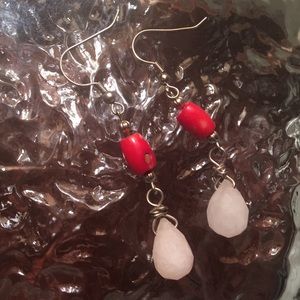 Rose Quartz Coral Earrings Dangling Handmade 2”